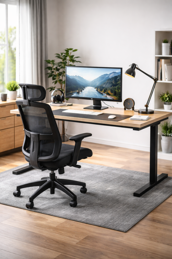 modern work from home desk setup with ergonomic chair monitor and desk lamp