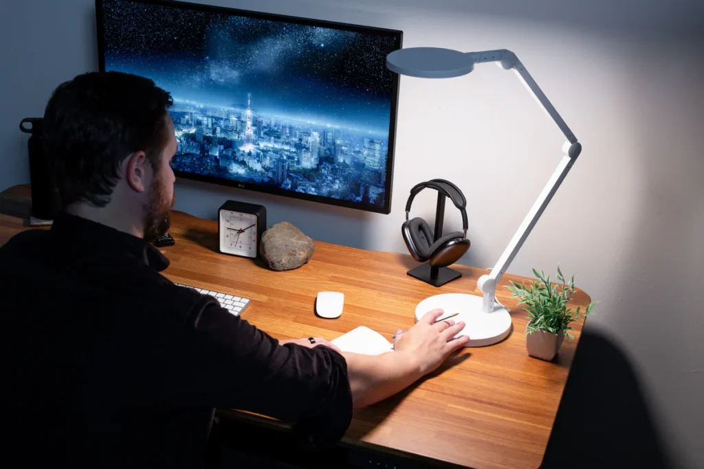 home office desk setup with adjustable desk lamp lighting workspace