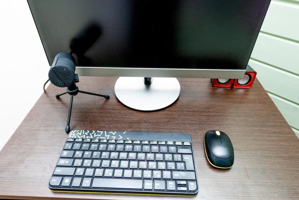 ergonomic home office workspace with proper chair monitor height and desk lighting
