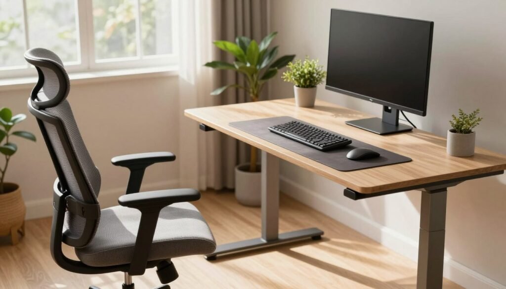 modern comfortable home office workspace with ergonomic chair and organized desk