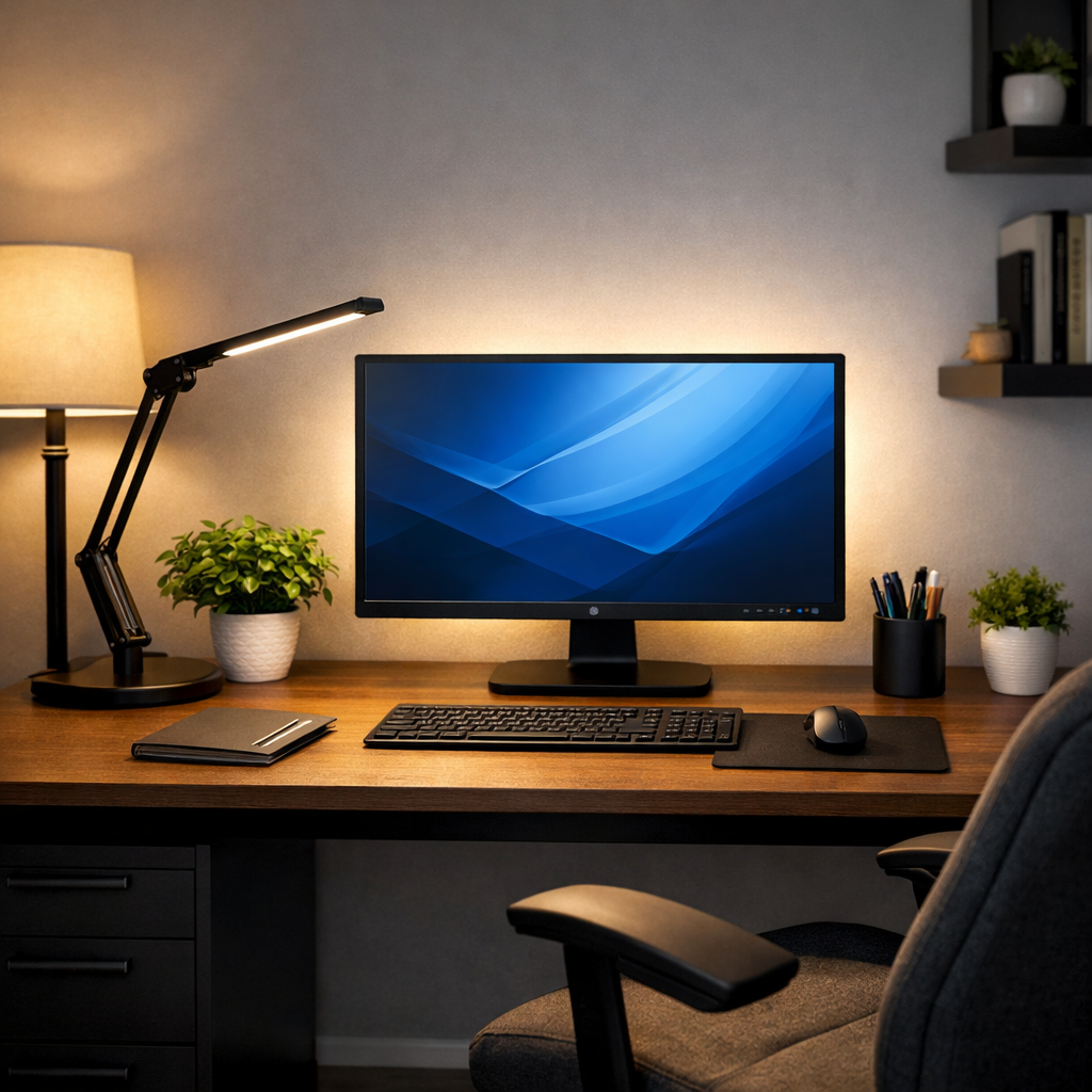 modern home office workspace with desk lamp lighting and computer monitor for eye comfort
