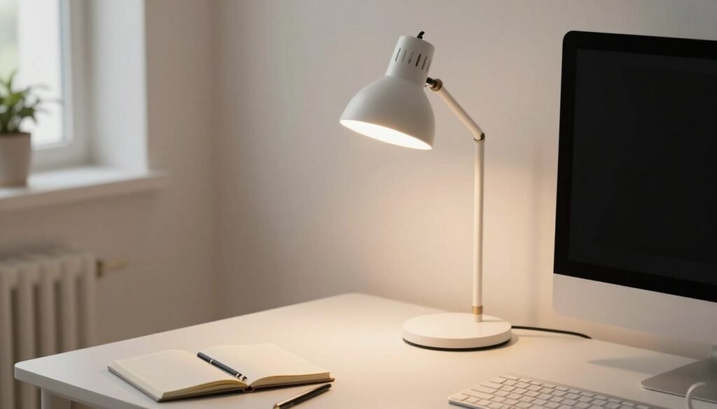 modern computer desk with adjustable desk lamp positioned at correct height for eye strain reduction