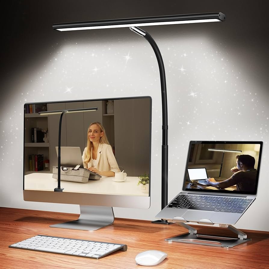 Modern LED desk lamp illuminating a comfortable ergonomic home office workspace