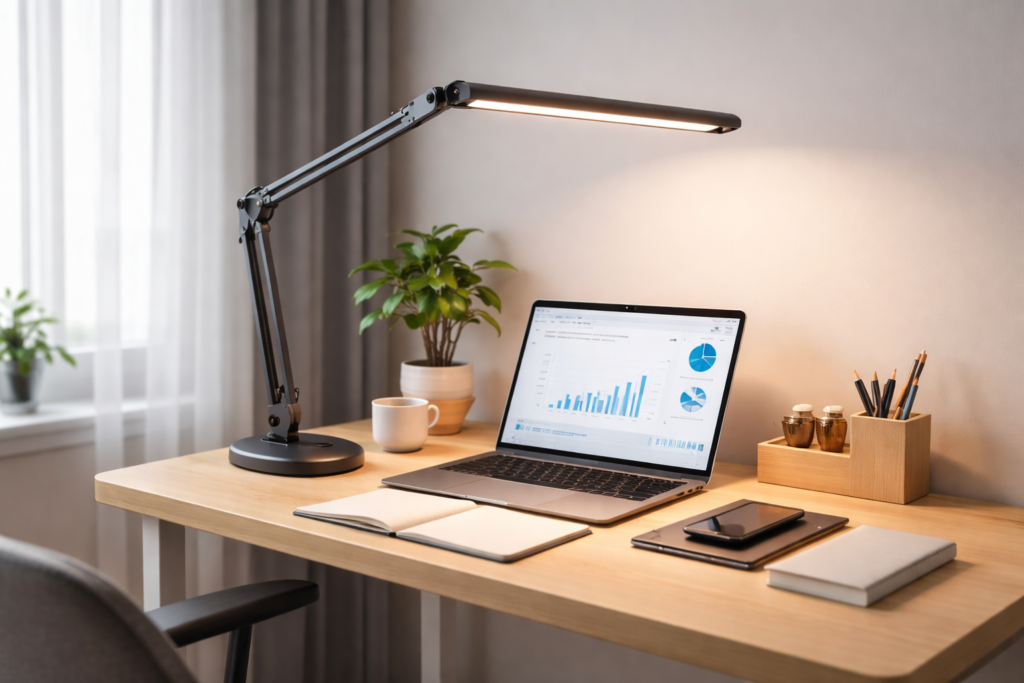modern desk setup with ergonomic desk lamp reducing eye strain and improving productivity