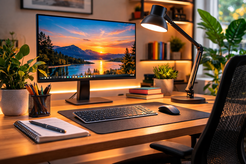 ergonomic desk setup with adjustable desk lamp providing balanced lighting for computer work