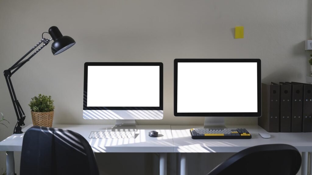 ergonomic workspace with desk lamp positioned correctly beside monitor to reduce eye strain