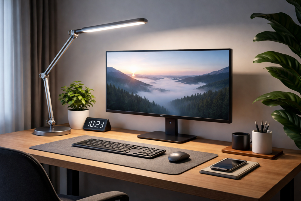 modern workspace with ergonomic desk lamp reducing eye strain and improving focus