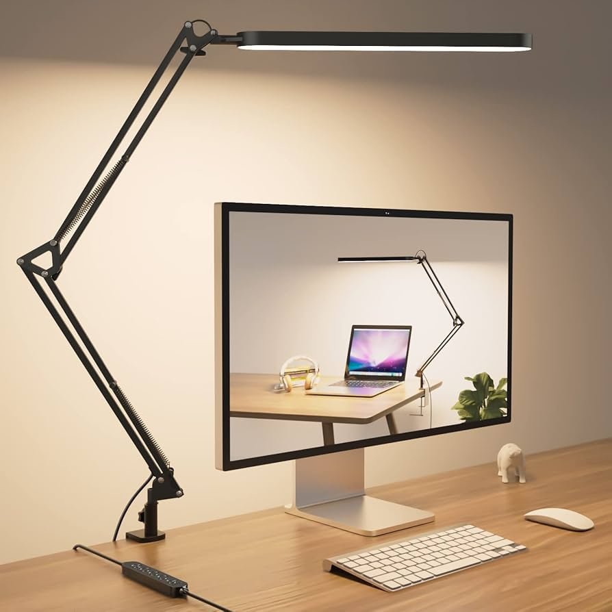 modern workspace with desk lamp reducing eye strain and soft lighting setup