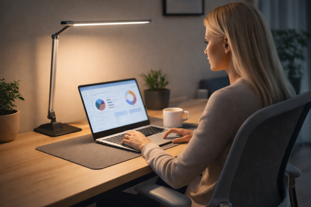 modern desk setup with ergonomic desk lamp reducing eye strain during long work hours