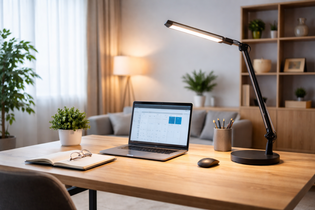 Modern home office desk setup with ergonomic LED desk lamp providing comfortable lighting for computer work
