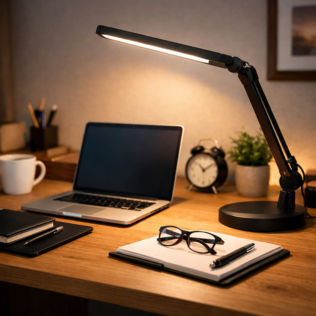 ergonomic desk lighting setup for reducing eye strain at a home office desk