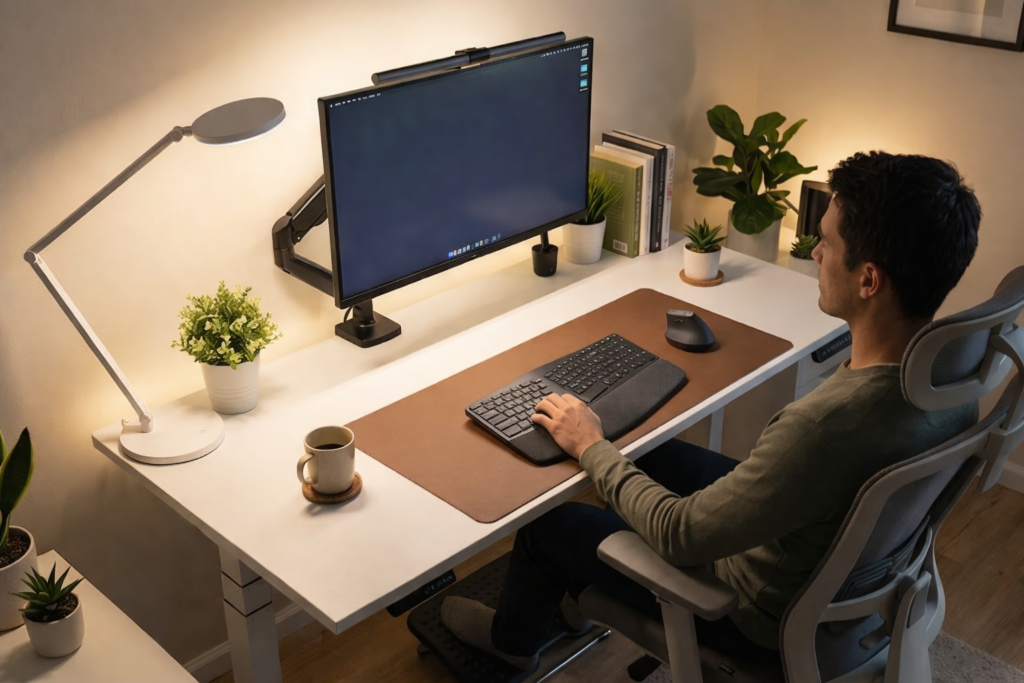 ergonomic computer desk setup with balanced desk lamp lighting and comfortable workspace environment