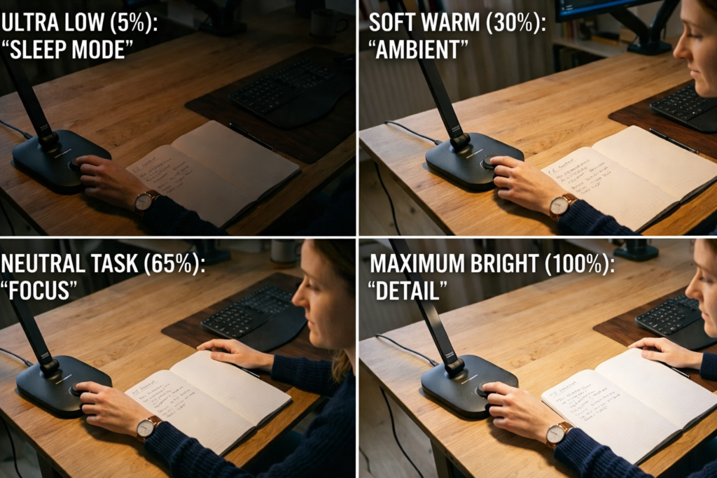 warm vs cool desk lighting comparison workspace
