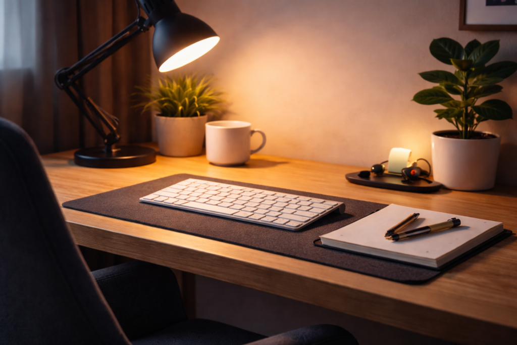 modern desk setup with soft lighting reducing eye strain and improving comfort