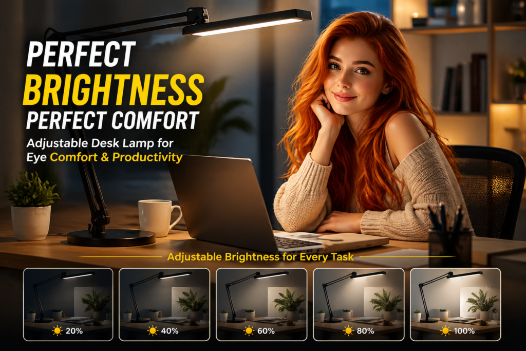 Desk lamp with adjustable brightness illuminating workspace with soft light and no glare