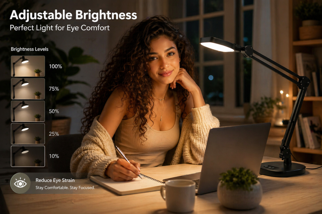 Adjustable desk lamp brightness for eye comfort workspace