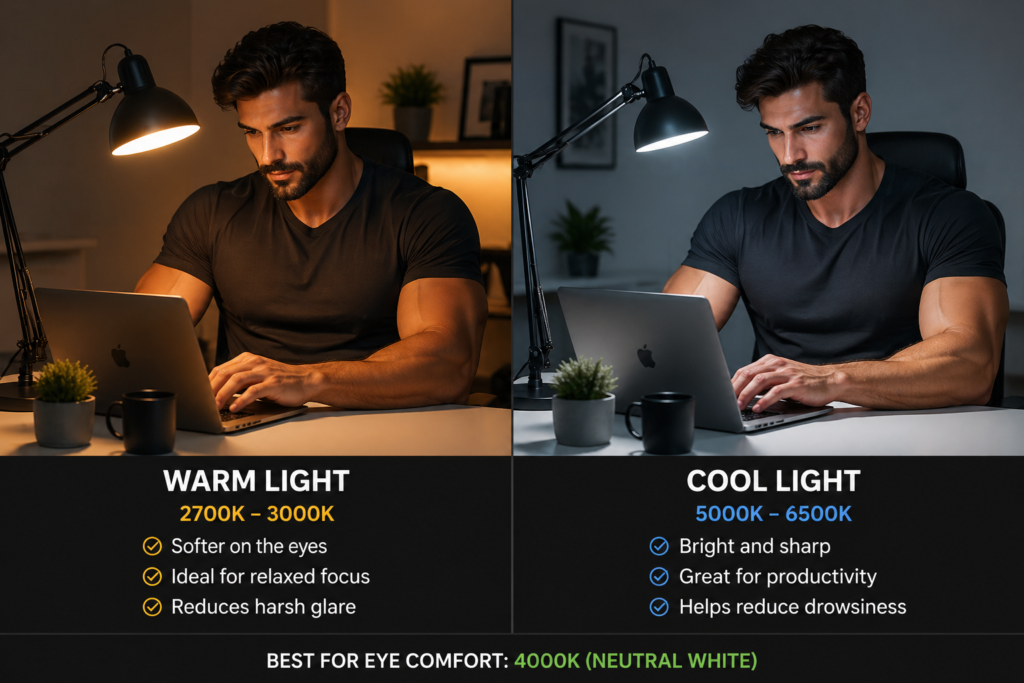 Warm vs cool desk lamp lighting comparison for eye comfort workspace