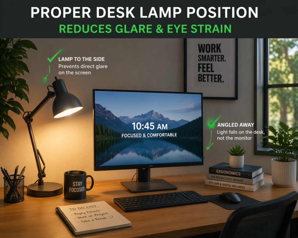 desk lamp positioned to side of monitor reducing glare and eye strain