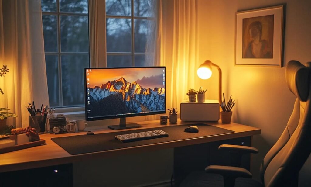 desk lamp positioned to side of monitor reducing glare and eye strain