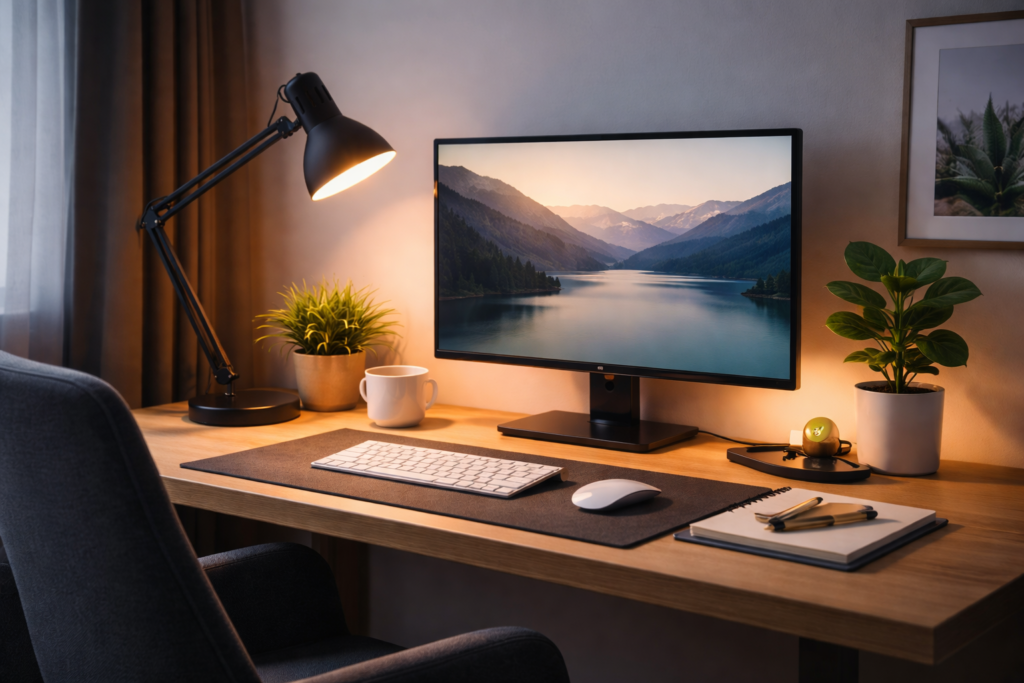 desk lamp positioned correctly to reduce eye strain in home office