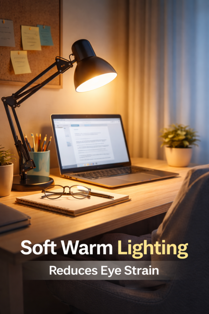 desk lamp with soft warm lighting on modern workspace reducing eye strain