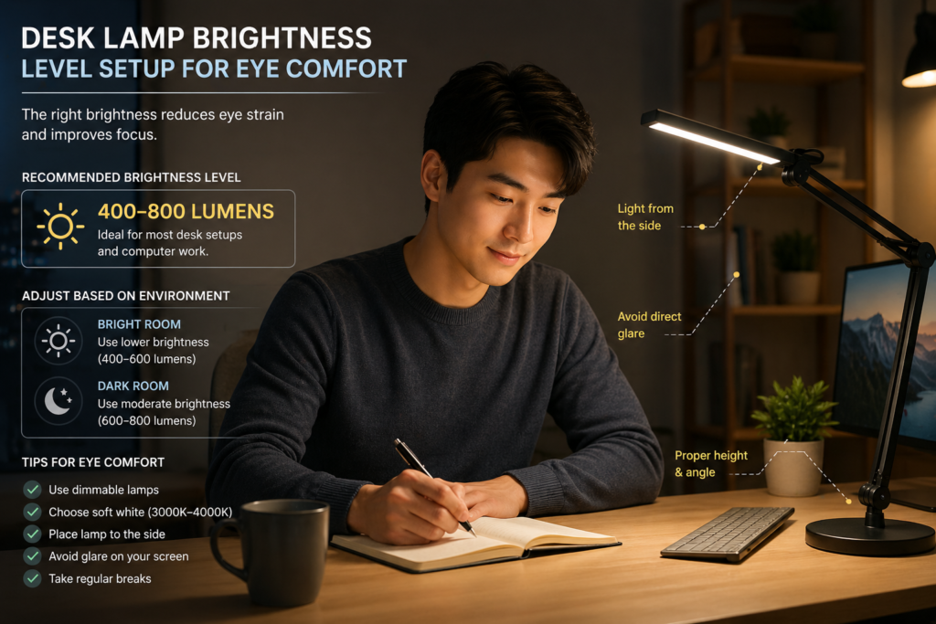 desk lamp brightness level setup for eye comfort workspace