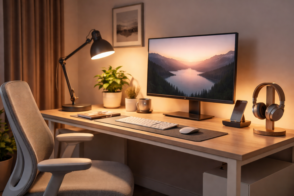 Desk lighting setup for eye comfort with proper lamp positioning