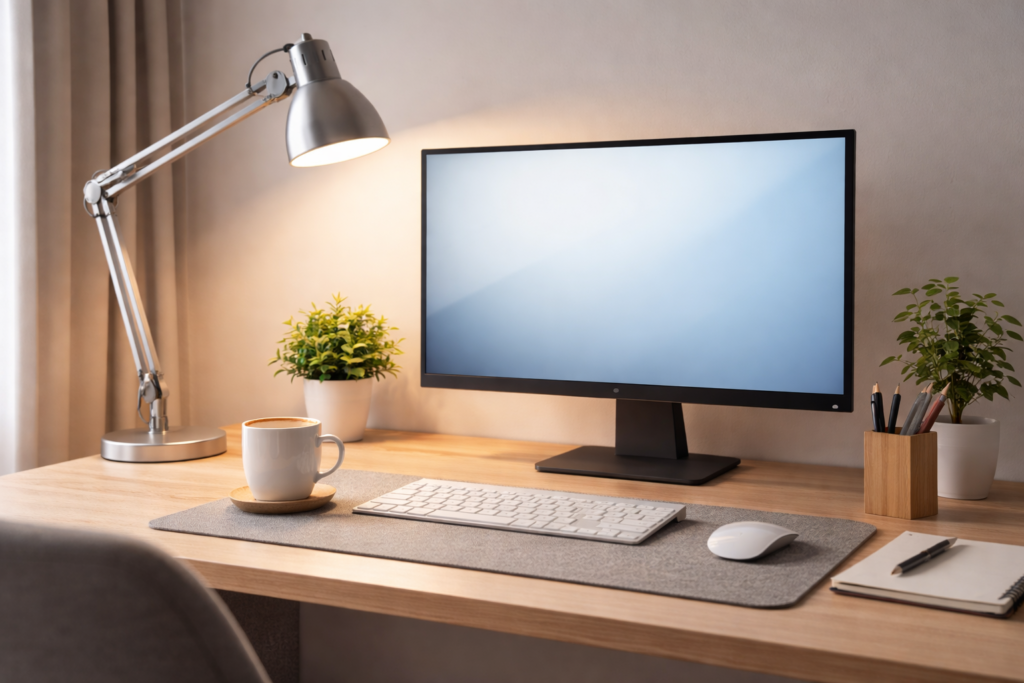 modern desk setup with lamp positioned to the side of monitor, soft lighting, no glare