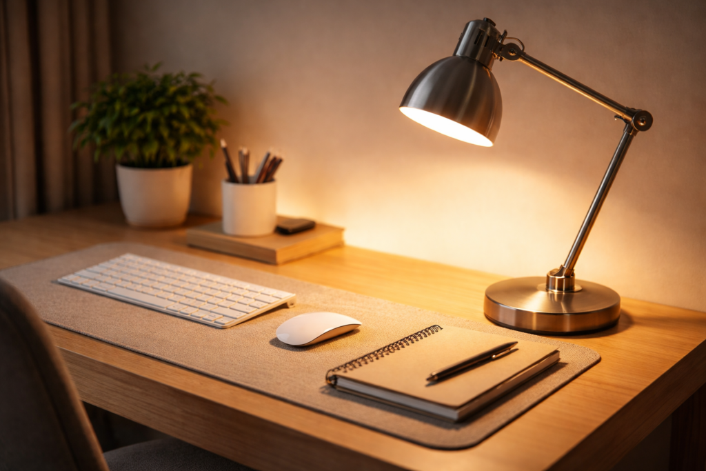 minimalist LED desk lamp with adjustable brightness and color temperature on modern desk setup, soft warm lighting