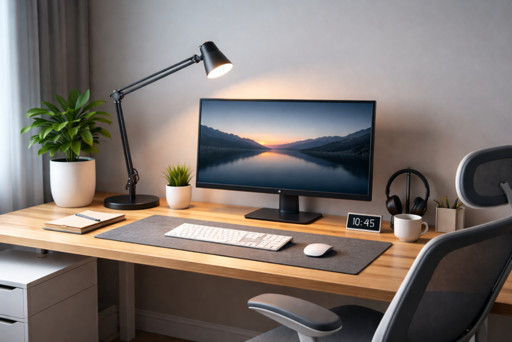 modern desk setup with correctly positioned desk lamp angled away from screen, soft lighting, no glare, ergonomic workspace