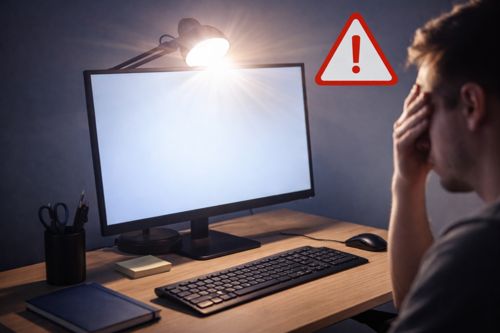 poor desk lighting setup causing glare and eye strain