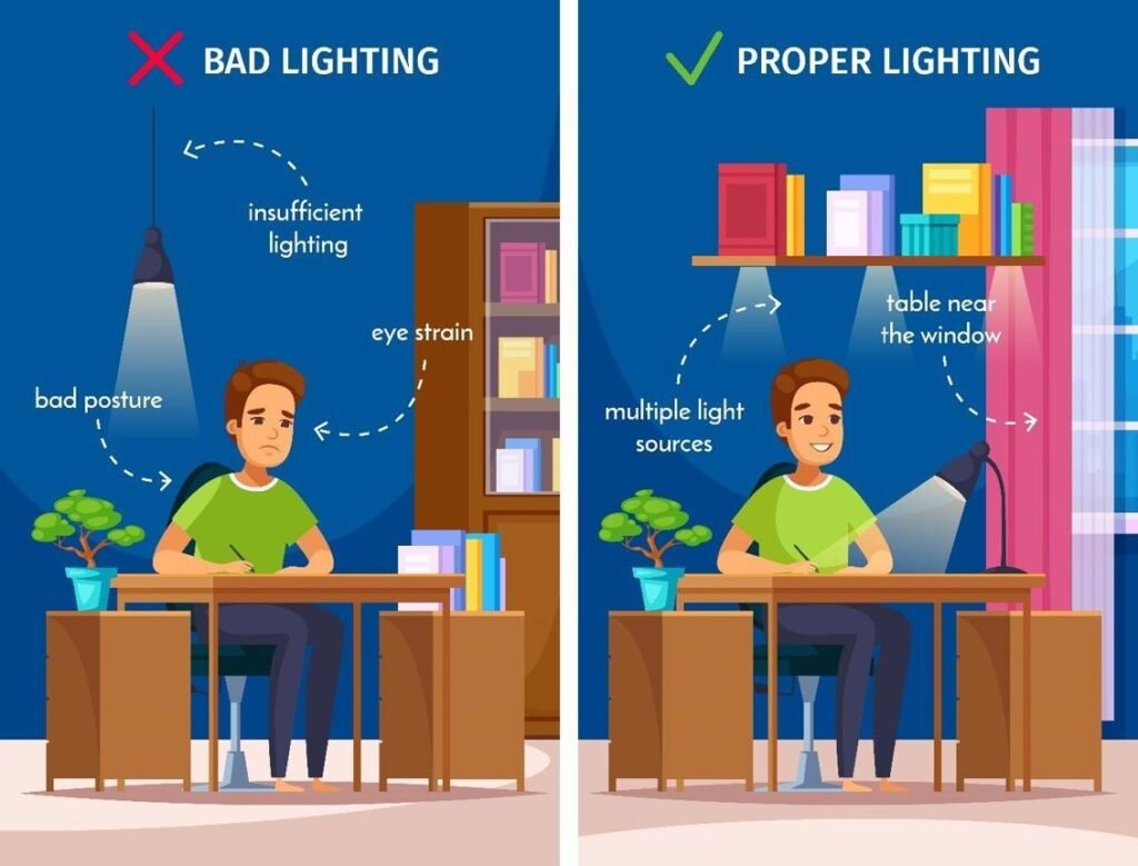 overhead lighting vs desk lamp eye strain comparison workspace