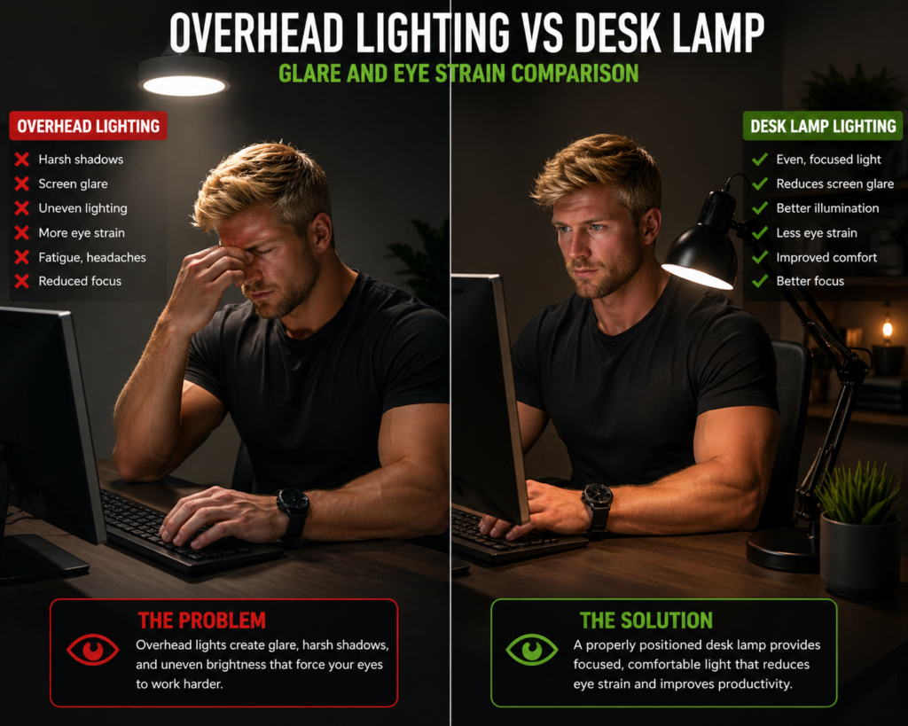 Overhead lighting vs desk lamp comparison glare and eye strain
