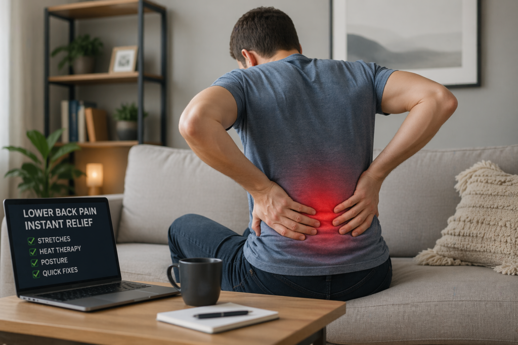 person holding lower back in pain at home seeking instant relief