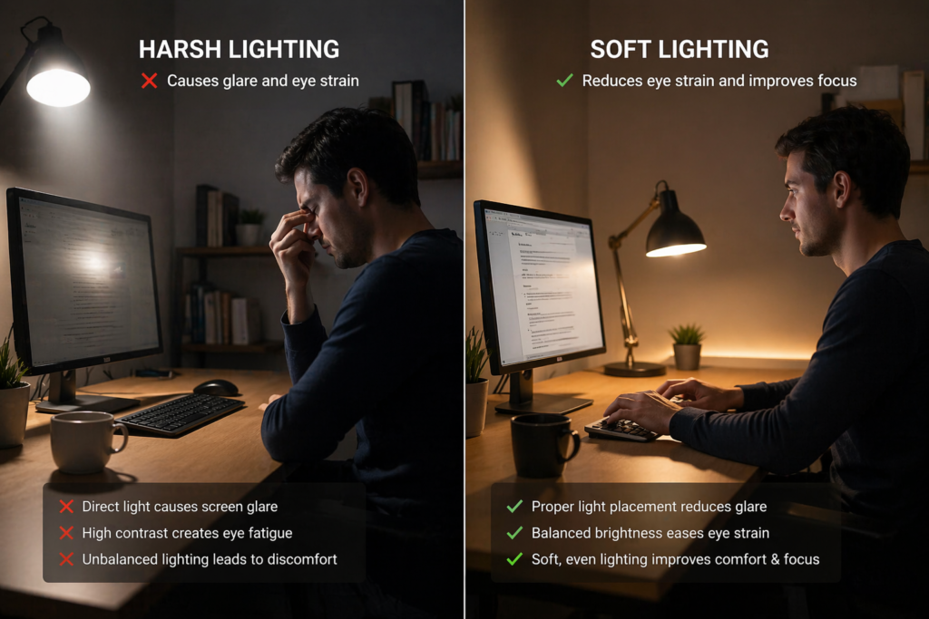 person working at desk with harsh glare vs soft lighting comparison, modern workspace, realistic
