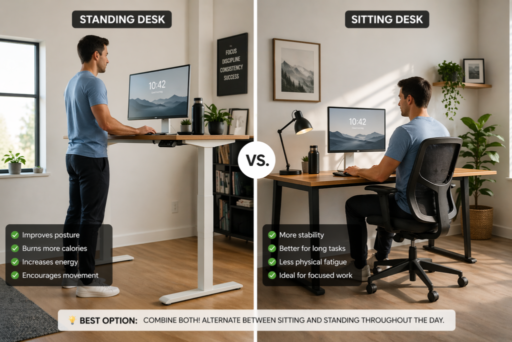 split image of person using standing desk vs sitting desk in home office
