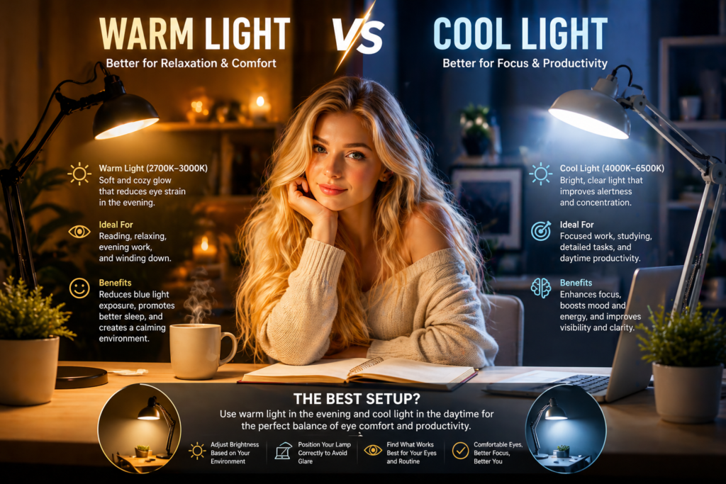 Comparison of warm light vs cool light desk lamp setup for eye comfort and productivity