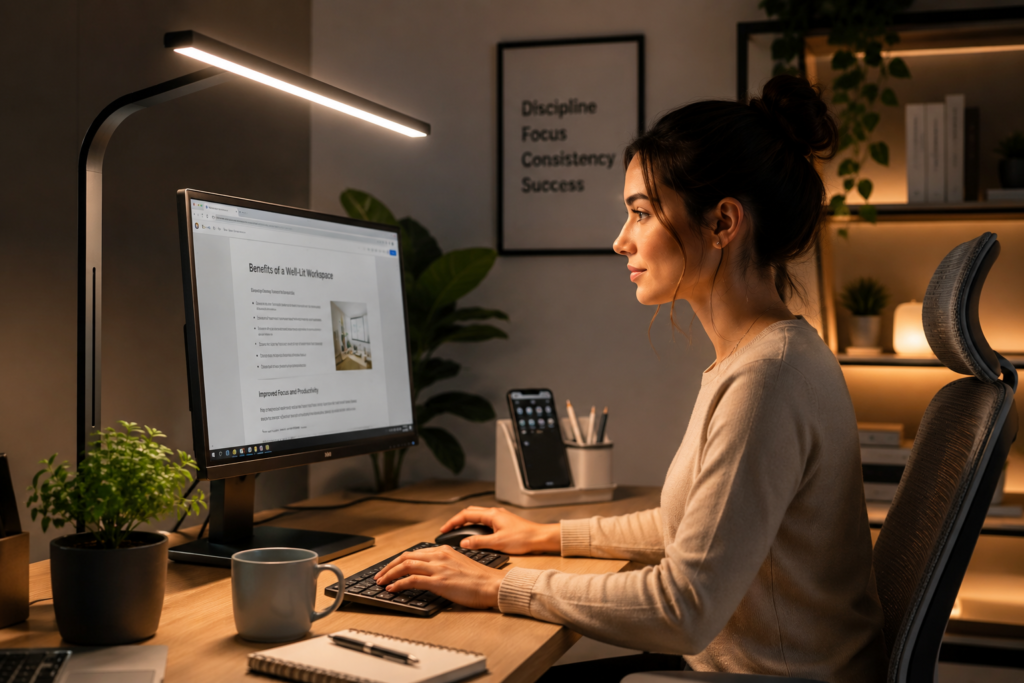 Modern ergonomic desk lamp reducing eye strain in home office workspace