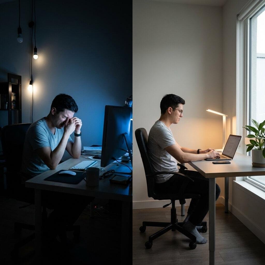 Desk lamp improving lighting conditions for reducing eye strain at workspace