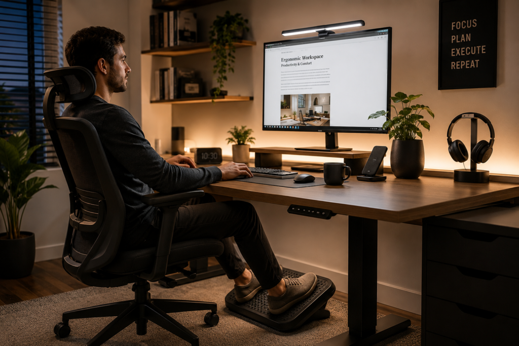 Modern ergonomic desk setup with foot rest, monitor stand, and soft desk lighting