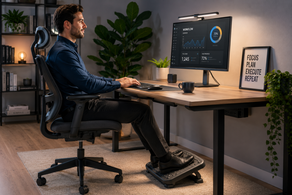 Office worker using ergonomic foot rest under desk