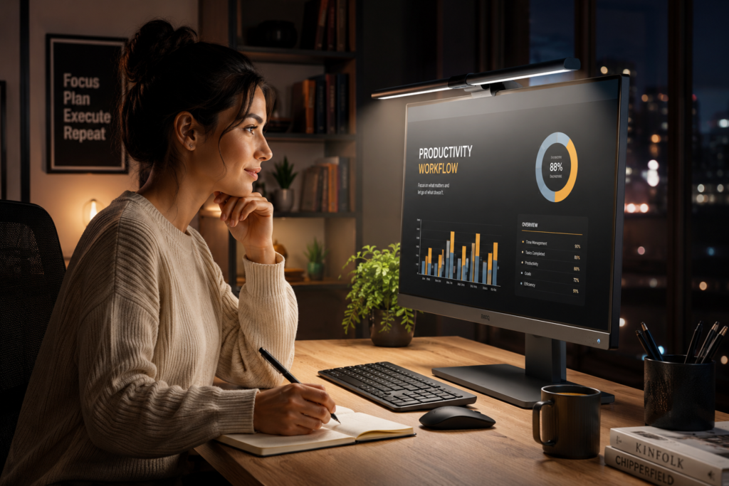 Modern monitor light bar illuminating a productivity workspace during a long work session