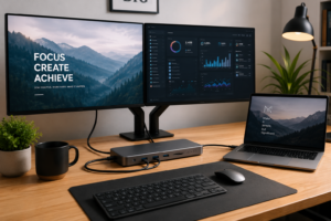Modern USB-C docking station connected to dual monitors in a clean home office workspace.