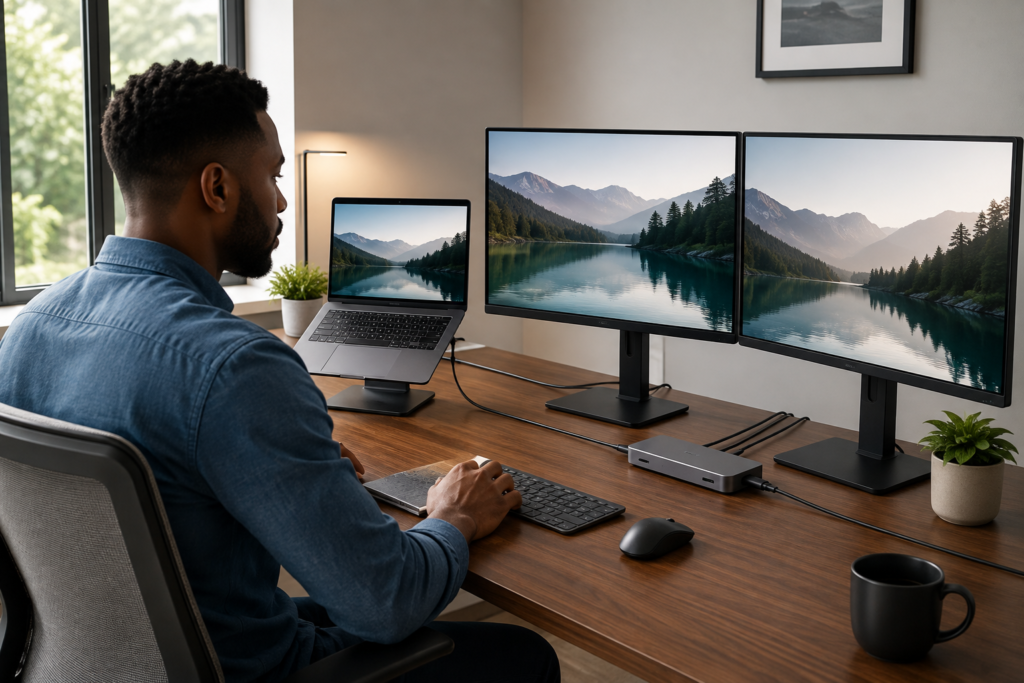 Laptop connected to a docking station and dual monitors in a modern home office.
